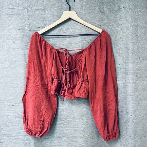 Altar’d State Blush Long Peasant Puff Sleeve Crop top with Tie Back Size Small - Picture 4 of 4